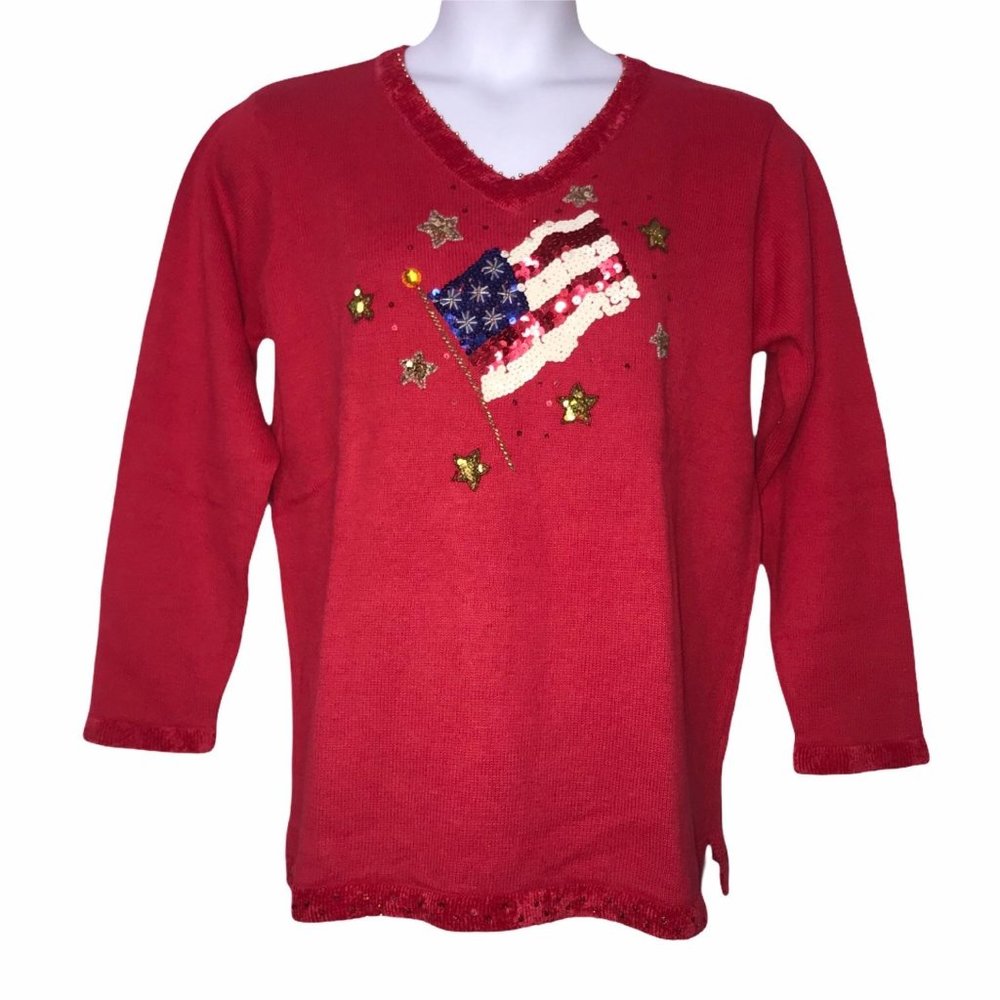 NWT The Quaker Factory Vintage USA Flag Sweater L